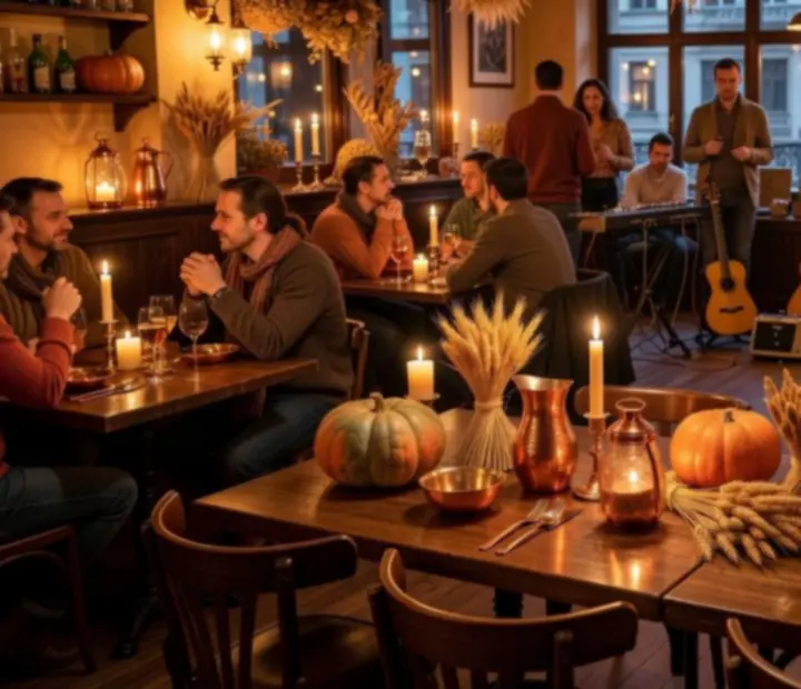 Őszi dekorációval díszített budapesti brasserie, gyertyafényes élőzenés este
