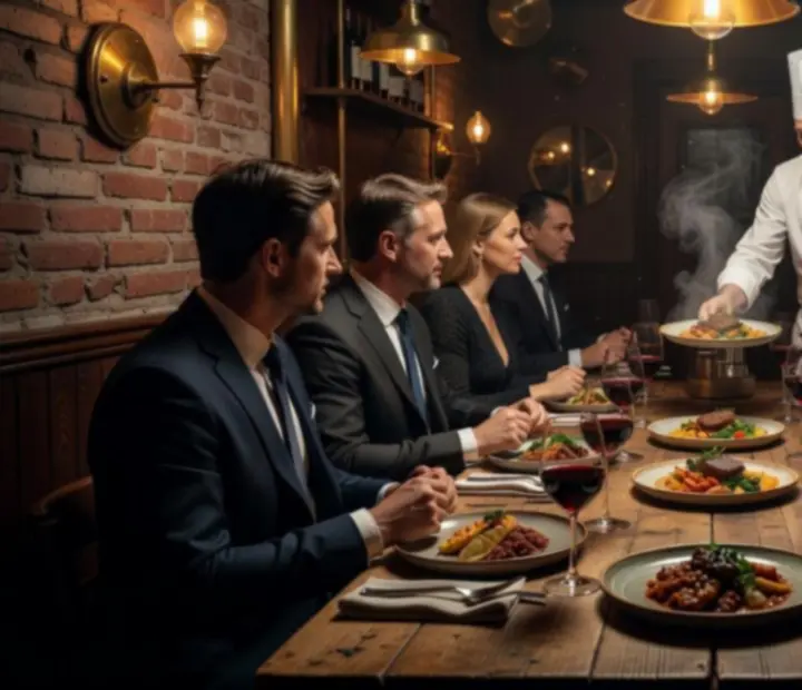 Séfasztal köré gyűlt vendégek, limitált létszámú gourmet vacsora