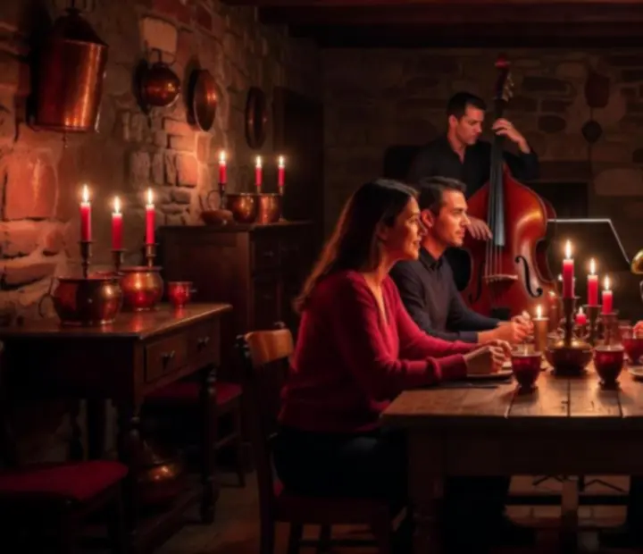 Jazz hangulatú pinceasztal halvány fényekkel az Estivaros365-ben